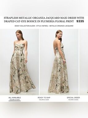 Dessy Collection Strapless Metallic Organza Jacquard Maxi Dress - Cream & Green